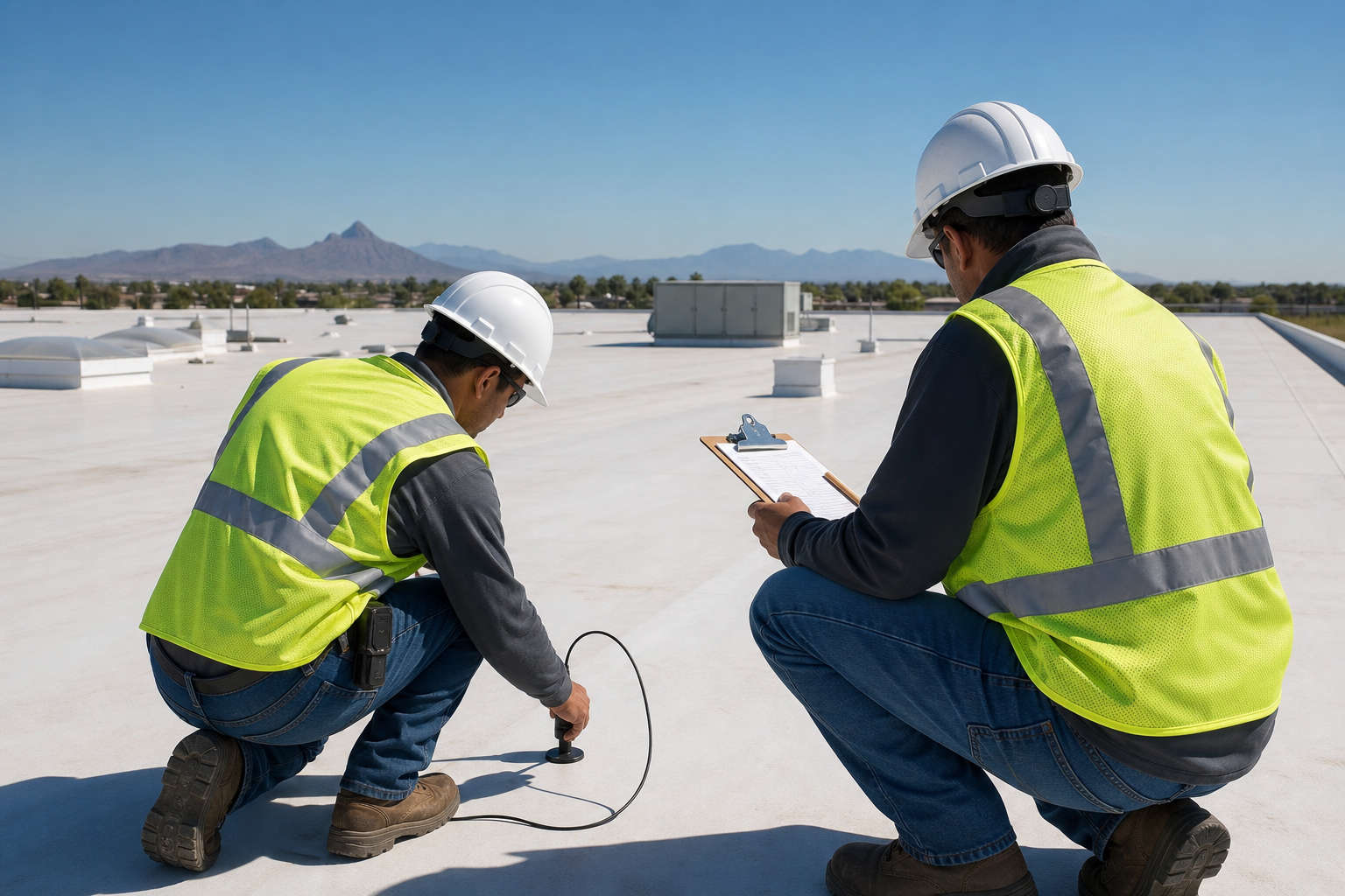 Certified commercial roofing inspector on a flat roof in Mesa, AZ