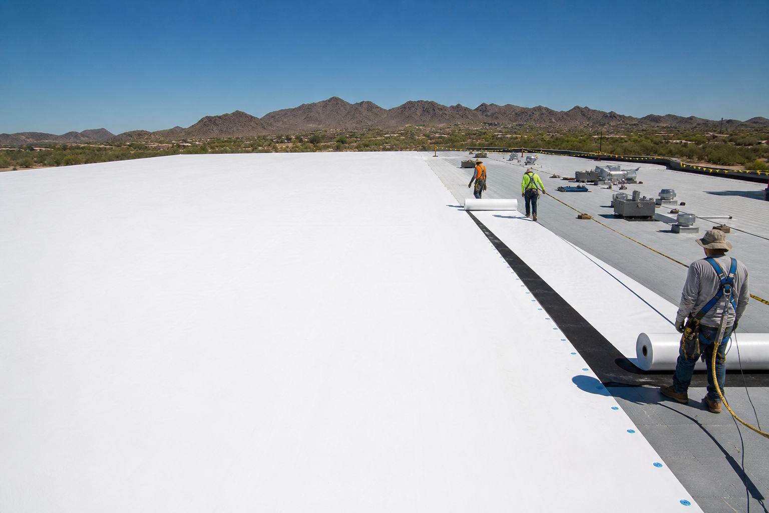 Commercial roofing crew installing a TPO membrane on a flat roof in Mesa, AZ